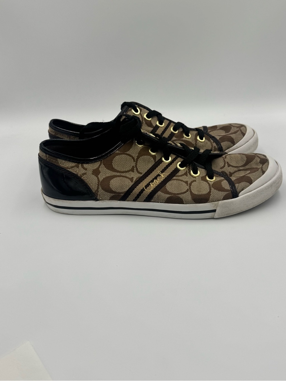 Coach Brown Signature Canvas Low-Top Sneakers with Black Trim - Picture 8 of 15